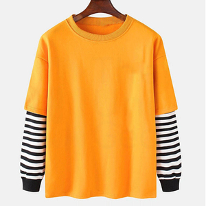 เสื้อไหมพรมแขนยาวสีเหลืองขนาดใหญ่พิเศษ คอโอ ลายทางที่ปลายแขน สวมใส่สบายๆ ได้ทั้งชายและหญิง เหมาะสำหรับฤดูใบไม้ผลิ - Product Image 1