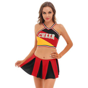 <b>Red</b> Black Yellow Cheerleading Uniform Set With <b>Glitter</b> Cheer Lettering Color Blocked Design Adult Performance Outfit - Product Image 3