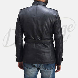 Veste en cuir noire slim fit pour homme, ceinturée, style safari, en cuir véritable, multi-poches, avec col montant - Product Image 3