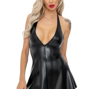 Minivestido ajustado de piel sintética negra estilo bondage con cremallera frontal, ropa de fiesta, estilo gótico, elegante para mujer - Product Image 2