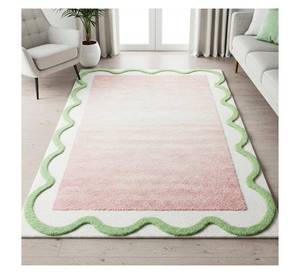 Tapis central rose avec bordure ondulée verte, tapis décoratif moderne pastel, tapis tuftés à la main, design magnifique, prix raisonnable - Product Image 3