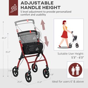 Deambulatore Regolabile in Altezza per Anziani con Doppio Freno, Ruote e Vano Portaoggetti, Leggero, Rosso - Product Image 5
