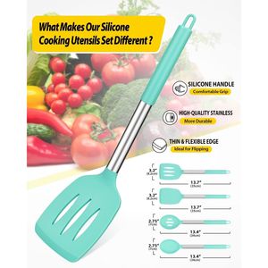 Juego de Utensilios de Cocina de Silicona Sin BPA, Paquete de 4 Espátulas Grandes Antiadherentes, Cucharas Ranuradas Azules Resistentes al Calor, Kit de Herramientas de Cocina - Product Image 3