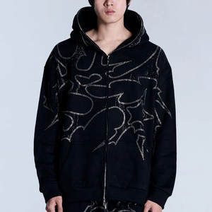 เสื้อฮู้ดดี้ผู้ชายสีดำทรงโอเวอร์ไซส์ ผ้าฝ้ายผสมโพลีเอสเตอร์ ขนฟลีซ พิมพ์ลายสายฟ้าวิบวับ - Product Image 4