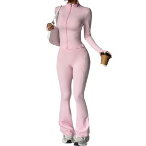 Ensemble de survêtement rose pour femme à manches longues, couleur unie, col roulé, fermeture éclair sur le devant, style sportif, coupe régulière, pour le printemps - Product Image 1