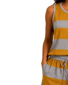 Ensemble de pyjama en satin pour femmes, rayé jaune moutarde et gris, débardeur sans manches avec short à cordon, tenue de nuit de luxe - Product Image 2