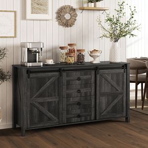Distressed Dark Gray 60-Inch Farmhouse Buffet Cabinet for Villa/ Home <b>Sideboard</b> Sliding Barn Doors Drawers Adjustable Shelves - Product Image 2