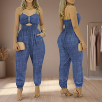 Combinaison en jean bleu pour femme, style décontracté, bretelles spaghetti, coupe ample, poches découpées, séchage rapide, écologique, idéale pour l'été