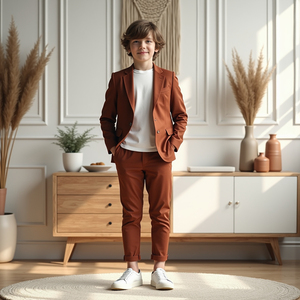 Boys Rust Brown Slim Fit Formal Suit <b>Set</b> | Kids <b>Blazer</b> & Pants Outfit for Weddings, Parties & Special Occasions - Product Image 2
