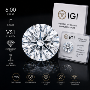 Diamant synthétique cultivé en laboratoire CVD, certifié IGI, 6 carats, couleur F, pureté VS1, taille excellente, gravé au laser, pour bijoux. - Product Image 3