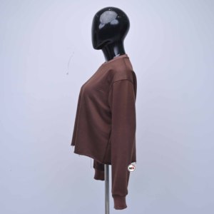 Sudadera Corta de Mujer, Cuello Redondo, Color Marrón, Manga Larga, Tejido de Algodón, Estilo Casual Otoñal, Color Sólido, Sin Forro - Product Image 4