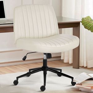 Criss <b>Cross</b> <b>Legged</b> Office <b>Chair</b> with Wheels PU Leather Armless Executive <b>Chair</b> in Beige - Product Image 1