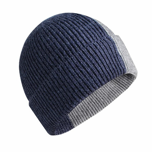 Bonnet côtelé unisexe bleu marine avec revers contrastant gris, bonnet d'hiver décontracté pour adultes 56-58CM, tricoté à la machine en acrylique - Product Image 2