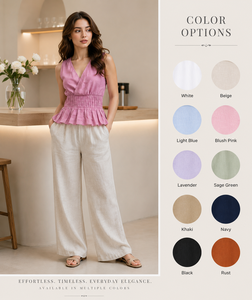 Proveedor OEM al por mayor: Blusa sin mangas elegante rosa con cuello en V de algodón y lino tejido para mujer, con cintura fruncida y dobladillo con volantes, estilo casual. - Product Image 4