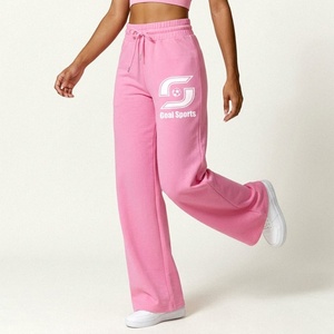 Pink Wide Leg Fleece Sweatpants Women High Waist Drawstring Loose Fit Casual Full Length Solid Color Embroidery Logo Sportwear - Product Image 1