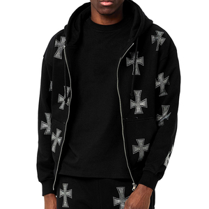 Sweat à capuche zippé personnalisé pour homme, noir, avec motif en strass, en coton épais, coupe ample, style streetwear, effet diamant scintillant, en molleton - Product Image 1