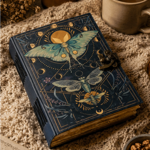 Handmade Hardcover Eco-Friendly Recycled Cotton Journal Luna Moth Design Antique Lock Hand <b>Stitched</b> Coptic Binding Deckle <b>Gift</b> - Product Image 1