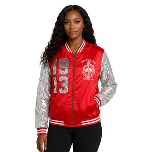 Giacca in Raso Rosso con Paillettes Delta Sigma Theta per Donne, Vestibilità Comoda, Tessuto Premium, Abbigliamento Casual per Confraternite Greche - Product Image 1