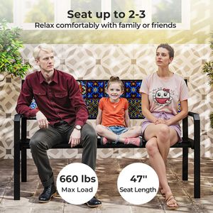 50-Inch Slatted Loveseat <b>Metal</b> Patio <b>Bench</b> for 2-3 People with Mosaic Backrest - Product Image 6