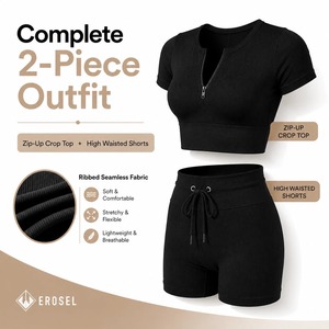 Conjunto deportivo de dos piezas sin costuras para mujer, con top corto con cremallera y pantalones cortos de cintura alta, ropa deportiva informal. - Product Image 2