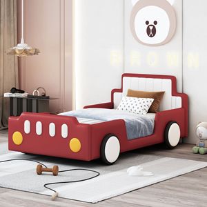 Letto a piattaforma a forma di auto da corsa rosso, singolo, con ruote, per bambini - Product Image 1