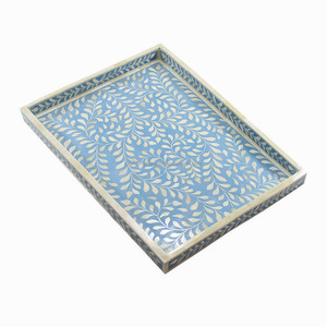 Handmade Bone Inlay Floral <b>Tray</b> Sky Blue Resin Wood Storage <b>Tray</b> Rectangular Home Decoration Gifting Kitchen Use Metal Material - Product Image 1