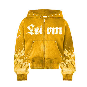 Sudadera con capucha y cremallera para hombre, de algodón, extragrande, personalizada, de alta calidad, con estampado de llamas y efecto deslavado al ácido - Product Image 1