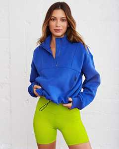 <b>Womens</b> Custom Printed Royal <b>Blue</b> Cropped <b>Hoodie</b> Half Zip Long Sleeve Casual Streetwear Loose Fit Front Logo <b>for</b> Daily Wear - Product Image 4