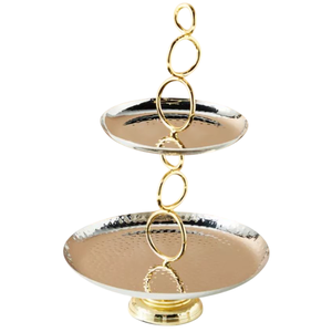 2-Tier Metal Cake <b>Stand</b> Round Stainless Steel & Brass Flourished Design With <b>Crystal</b> Flower Embellishment Decorative Home Table - Product Image 3
