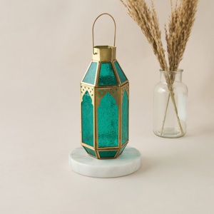 Signature <b>Gold</b> Metal Moroccan <b>Lantern</b> with Teal Embossed Glass Decorative Candle Holder for Ramadan Home Table Decor - Product Image 1