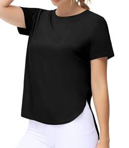 Camiseta con abertura lateral para mujer, camiseta negra de manga corta, corte relajado, mezcla de algodón suave, top informal a la moda - Product Image 2