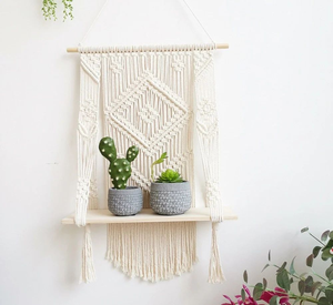 Simple Unique Macrame Wall Hanging Cotton Rope with <b>Pine</b> Wooden <b>Shelf</b> Bohemian Handmade Decorative Wall Hanging for Home Décor - Product Image 1