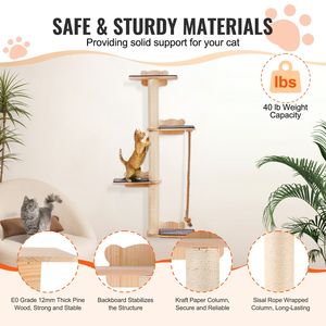 Albero per Gatti a 4 Livelli con 4 Piattaforme, Mensola Galleggiante da Parete per Gatti (Capacità 18 kg), in Legno di Pino da 12 mm, Stile Classico, Arredamento per Animali Domestici - Product Image 3