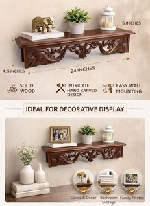 Vintage Hand Carved Wooden Floating <b>Shelf</b> Antique Brown <b>Wall</b> <b>Mounted</b> Corbel Display Rack Detachable Design Baking Paint Finish - Product Image 2