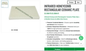Plaque chauffante rectangulaire en céramique alvéolée infrarouge en cordiérite pour brûleur à gaz haute température | Numéro d'article GS-390M - Product Image 3