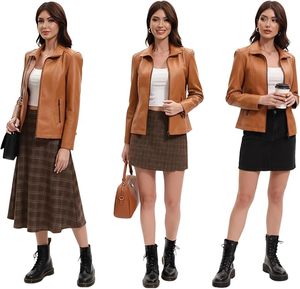 Women's Brown PU Leather Moto Jacket Full Sleeve Stand Collar <b>Zipper</b> Closure Short Length Autumn Style - Product Image 2