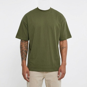 Camiseta de algodón verde oliva para hombre, manga corta, corte regular, cuello redondo, estilo urbano, transpirable, hombros caídos - Product Image 1