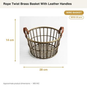 Cesta de Alambre de Hierro Hecha a Mano de 28 cm con Asas de Cuero y Varillas de Cuerda de Latón Antiguo, Material Metálico para Decoración del Hogar, Hoteles y Bodas - Product Image 4