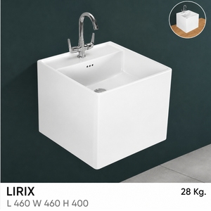 LIRIX Lavabo Cuadrado de Pared con Desagüe Integrado, Diseño Minimalista, Grifo Cromado de un Solo Orificio con Manija de Palanca, Acabado Brillante, 12L - Product Image 2