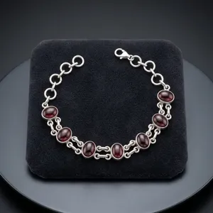 925 Silver Garnet <b>Chain</b> Bracelet Classic Design Women's Everyday Wear Jewelry Oval Stones - Product Image 6