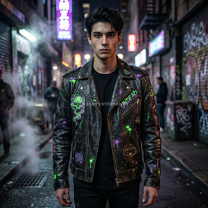 Chaqueta de Cuero Genuino de Piel de Vaca con Estampado Gráfico de Calavera Personalizado para Hombre, Estilo Punk, Motero, Ropa de Calle, Venta al por Mayor, Suministro de Marca - Product Image 2