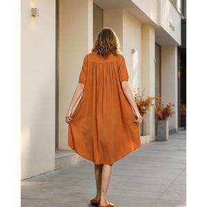 Vestido Maxi de Lino y Algodón Liso Naranja de Lujo con Cuello en V Abotonado, Ajuste Holgado, Manga Corta, Vestido Casual de Verano - Product Image 2