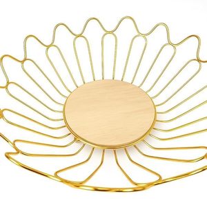 Gold Finish Decorative Wire <b>Basket</b> Tray with Round Center Base Elegant Fruit Serving Bowl Home Decor Accent Metal & Wood <b>Basket</b> - Product Image 5
