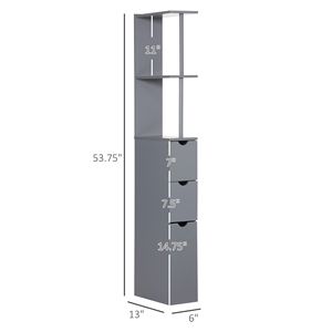 Meuble de rangement autoportant moderne pour salle de bain, 54 pouces de hauteur, avec 2 niveaux en bois et PVC, organisateur étroit en gris - Product Image 3