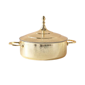 Nueva llegada: Olla decorativa de acero inoxidable con acabado chapado en oro y diseño martillado para servir comida caliente en hoteles y restaurantes. - Product Image 5