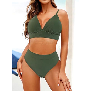 Women's Two Piece <b>Bikini</b> <b>Set</b> Deep V Neck High Waist Solid <b>Green</b> Swimwear Stretch Spandex Polyester - Product Image 6