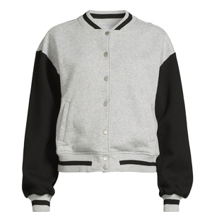 Veste universitaire unisexe gris et noir, style color block, longueur standard, fermeture boutonnée, style décontracté, matière polaire, pour l'automne - Product Image 1