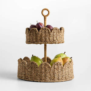 Handmade Seagrass 2 Tier Fruit <b>Basket</b> Stand <b>Wicker</b> Serving Tray With Scallop For Kitchen Countertop Party Display Storage Decor - Product Image 4