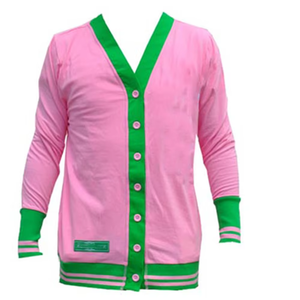 Suéter cárdigan de punto rosa premium personalizado con bordado para uso casual, hermandades, fraternidades, universidades y equipos universitarios. - Product Image 1