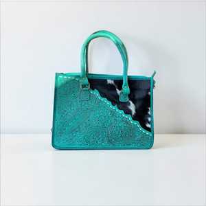 Teal <b>Genuine</b> <b>Leather</b> Bohemian Shoulder <b>Bag</b> With Animal Print Patch Zip Closure Two Handles Water Resistant Daily Use - Product Image 4